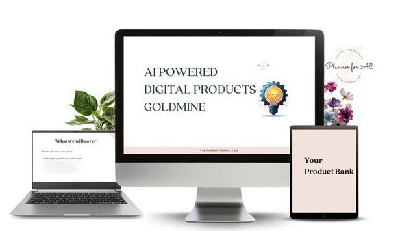 AI powered digital planner for all, showcasing customizable planner products from PLR.plannerforall.com on desktop, laptop, and tablet screens.