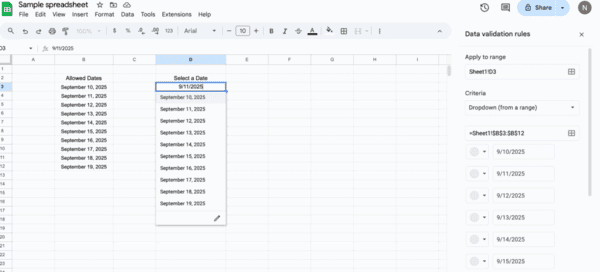 How to add date in google sheets: create dropdown of dates