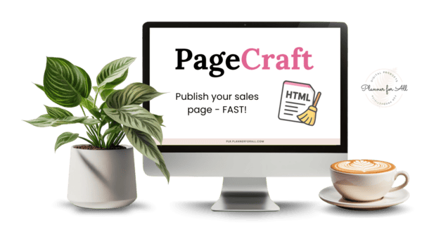 Create a professional workspace with a computer displaying PageCraft, a tool for publishing sales pages quickly, accompanied by a potted plant and a coffee cup for a productive environment.