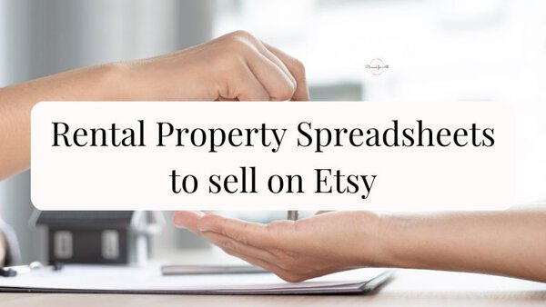 7 Rental Property Spreadsheets to Sell on Etsy 3 Close-up of hands exchanging a transparent folder with 'Rental Property Spreadsheets to sell on Etsy' text, on a desk with office supplies.
